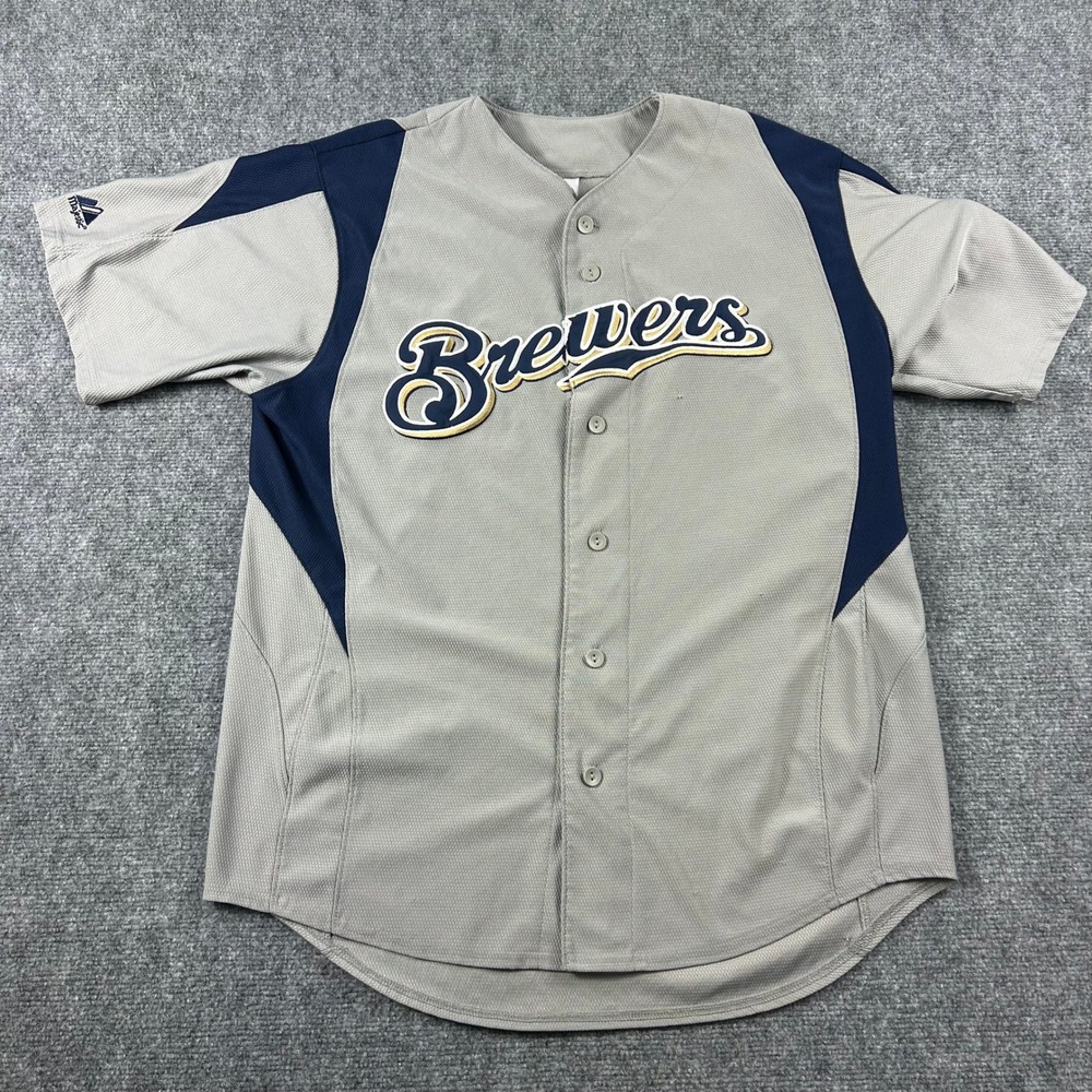 Majestic Milwaukee Brewers Jersey Mens Medium Gray Navy Blue Baseball MLB Button